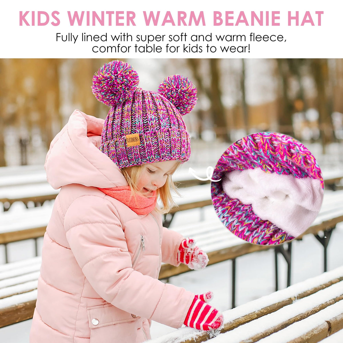 REDESS Winter Beanie Hats for Kids with Warm Fleece Lined, Children's Knit Hat for Boys Girls 5-9 Years Old