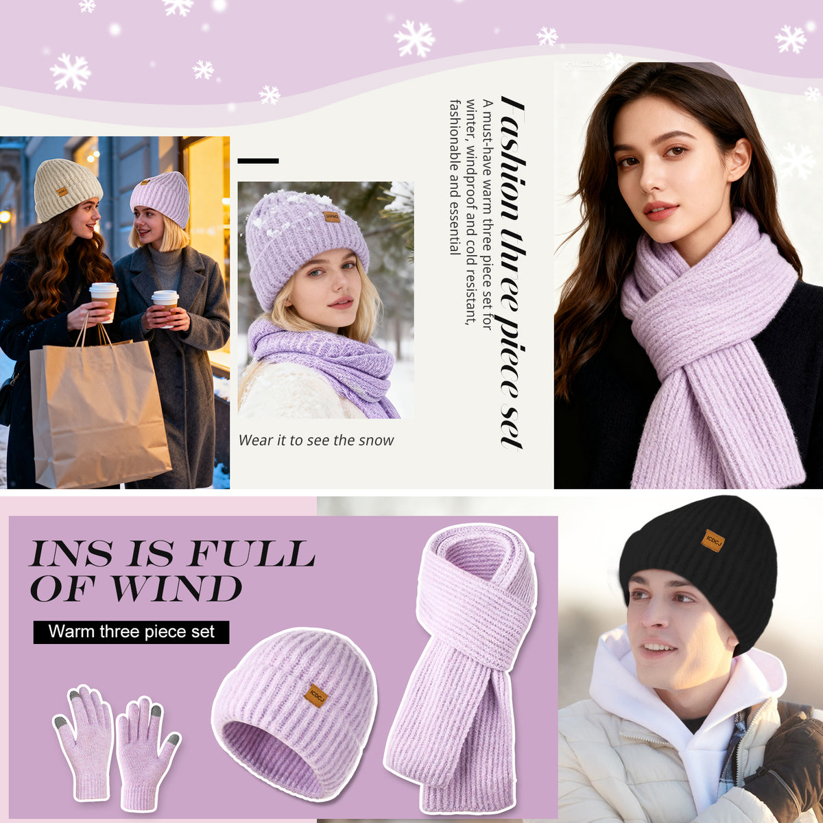 REDESS Winter Beanie Hat Scarf and Gloves Set for Men and Women,White
