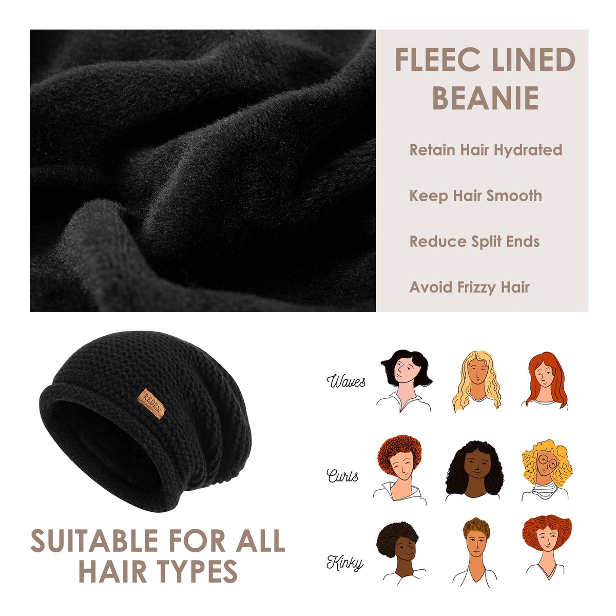 REDESS Slouchy Black Beanie Hat for Women and Men, Winter Warm Thick Skull Cap