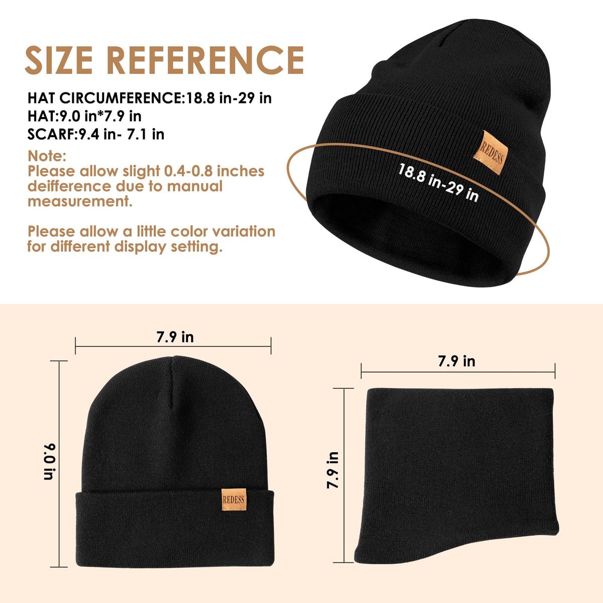 REDESS Winter Hat, Scarf & Glove Set for Men and Women,Black