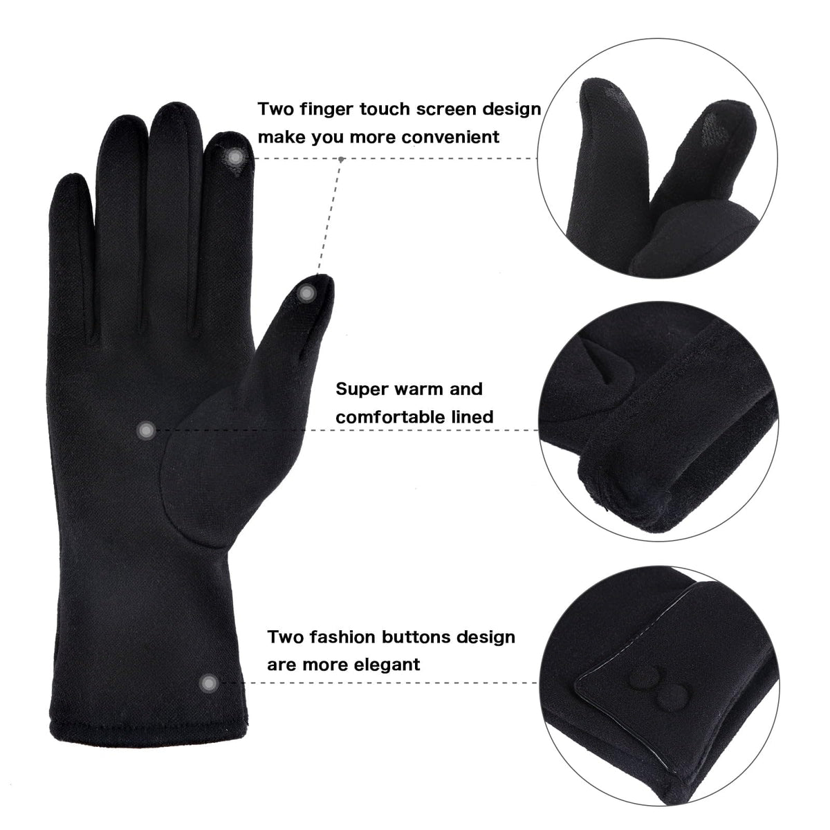 REDESS Women's Winter Warm Gloves, Full Finger Gloves with Sensitive Touch Screen Texting Fingers 3 Pairs.