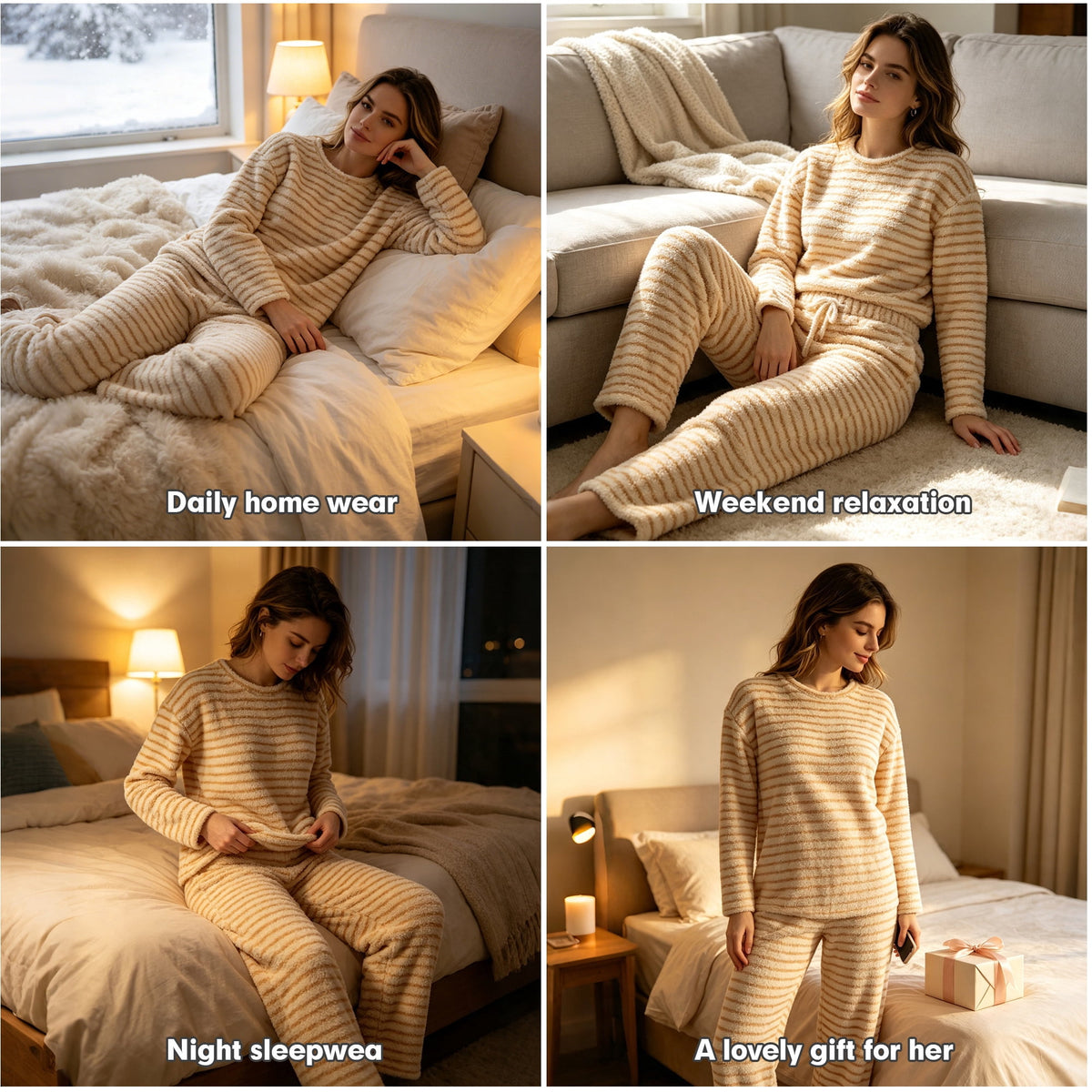 REDESS Womens Pajama Sets, Striped Fuzzy Fleece 2 Piece Matching Sleepwear, Crew Neck Pullover Top & Drawstring Pants, Cozy Lounge Sets for Women Winter Loungewear, S?XXL