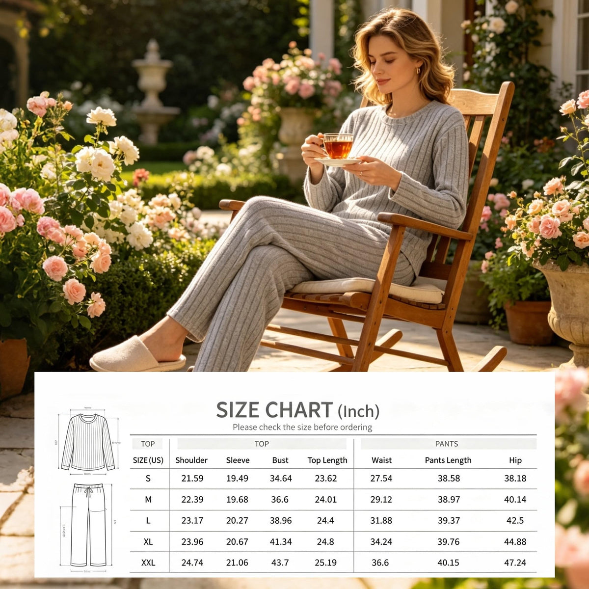 REDESS Womens Pajama Sets, Ribbed Knit 2 Piece Matching Loungewear, Long Sleeve Crew Neck Top & Drawstring Waist Pants, Casual Lounge Sets for Women Sleepwear, S‑XXL