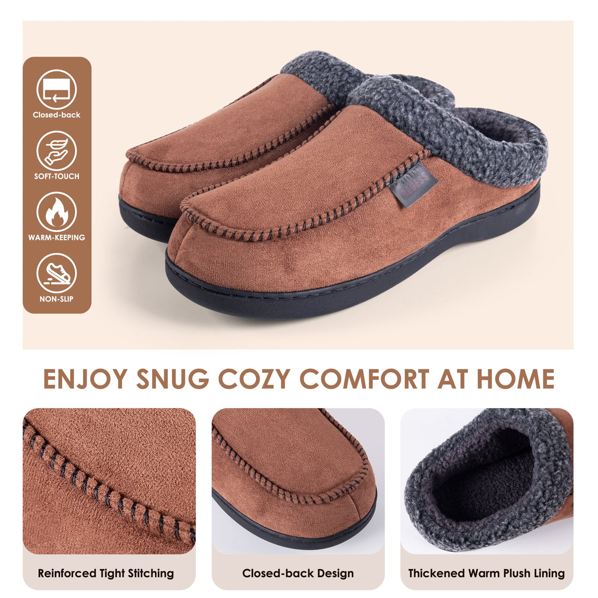 REDESS Mens Moccasin Slipper, Memory Foam Warm Fleece Lined Indoor Outdoor House Shoes