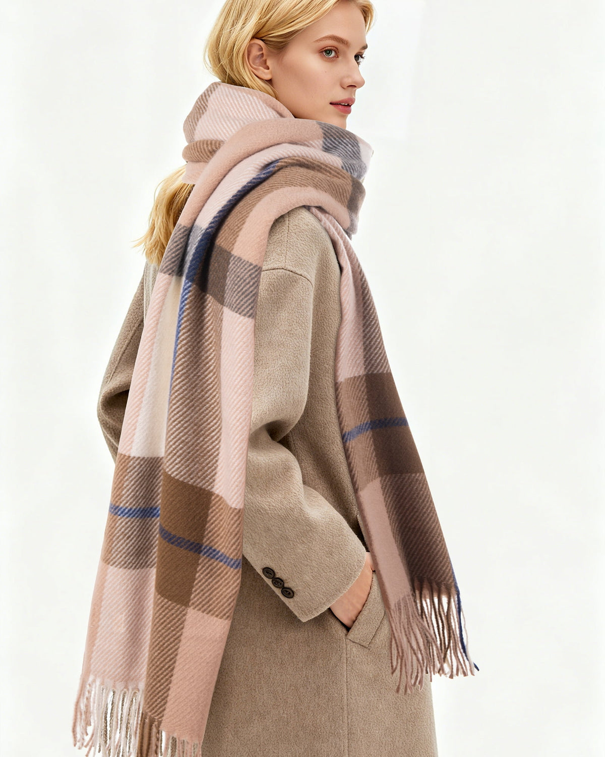 REDESS Scarf for Women and Men,Unisex Adult Winter Soft Plaid Pattern Cozy Warm Tassel Shawl Wrap,Plaid Beige