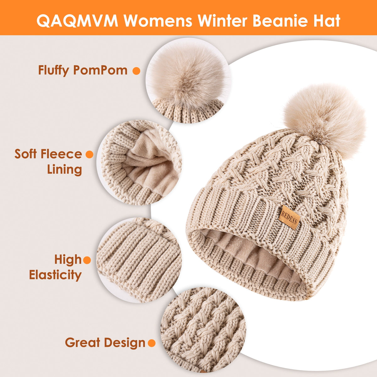 REDESS Winter Women¡¯s Beanie Hat Scarf Gloves Set, Fleece Lined Winter Hat with Pom Pom,Oat