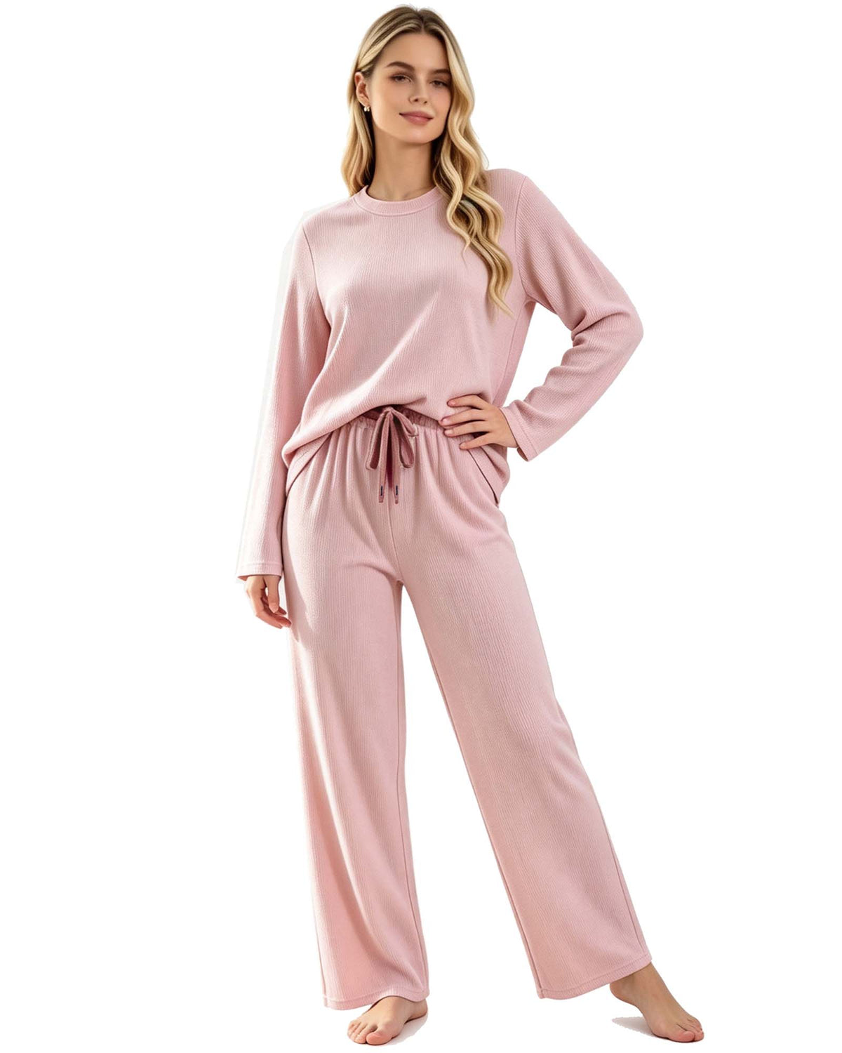 REDESS Lounge Sets for Women, 2‑Piece Crew Neck Long‑Sleeve Top & Drawstring Wide Leg Pants, Casual Matching Sleepwear Loungewear for Ladies