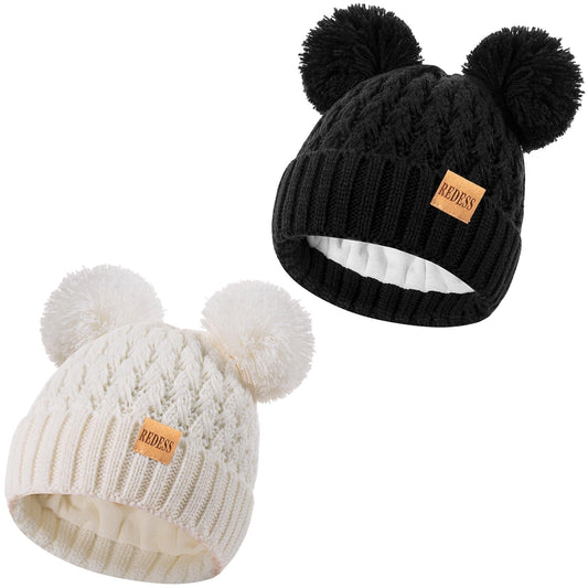 REDESS 2 Pcs Toddler Winter Pom Pom Beanie Hat For 0-3 Years Old Kid