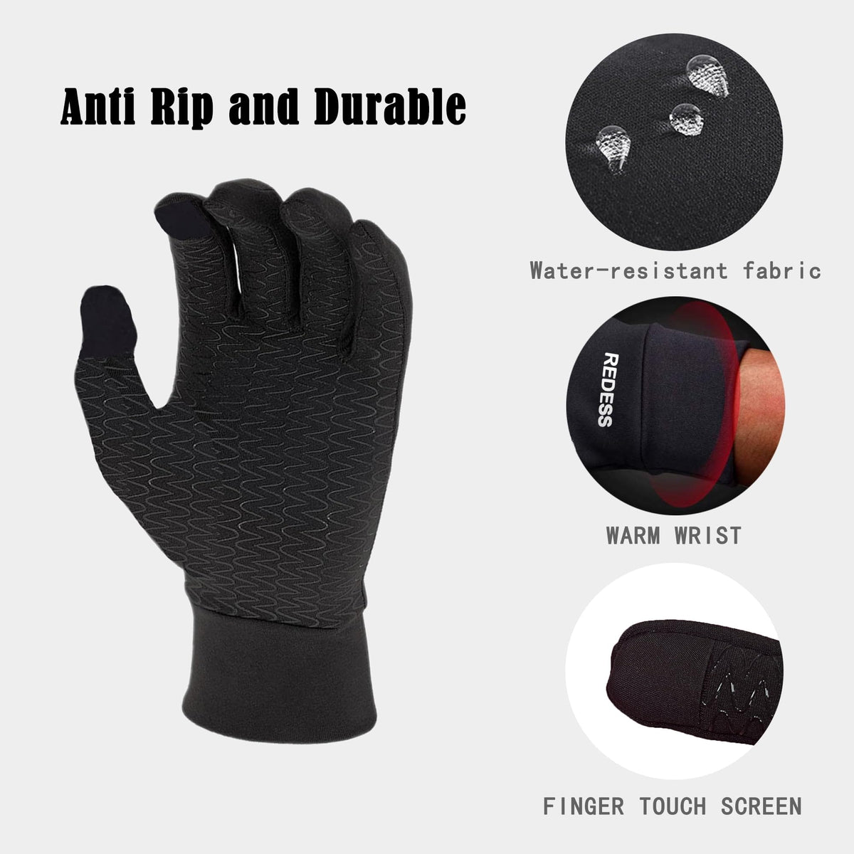 REDESS Running Gloves for Men and Women with Touchscreen,Winter Black Gloves for Running Skiing Driving