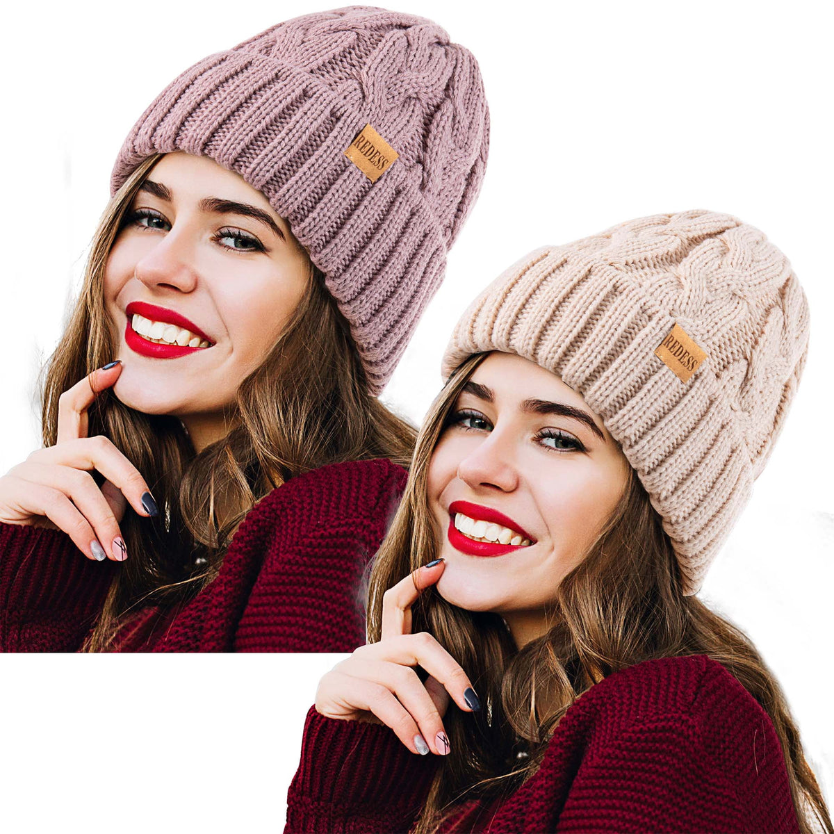REDESS Beanie for Womens Winter Warm Cable Knit Soft Cap Comfortable Cuffed Stretchy Hat 2 Pack