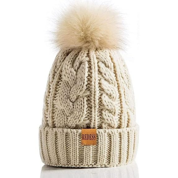 REDESS Women Winter Pompom Beanie Hat with Warm Fleece Lined, Thick Slouchy Knit Skull Ski Cap