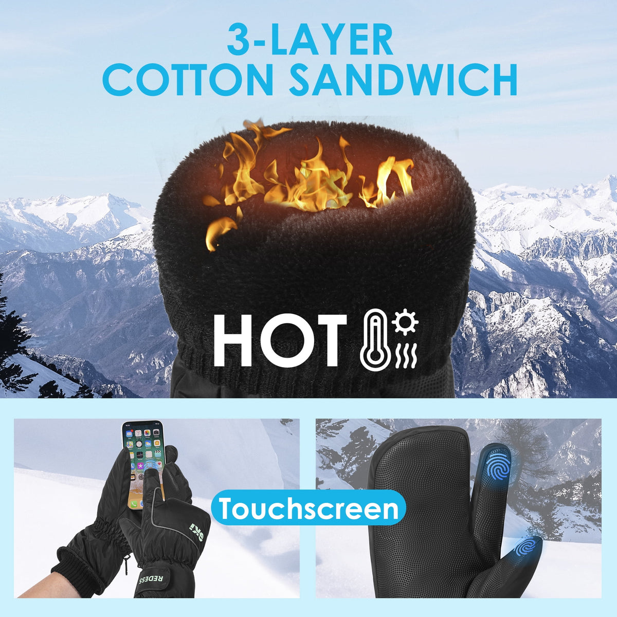 REDESS Winter Ski Gloves for Men & Women, Touch Screen Waterproof Windproof Thermal Insulated Winter Snow 3?Finger Mittens, S?XL