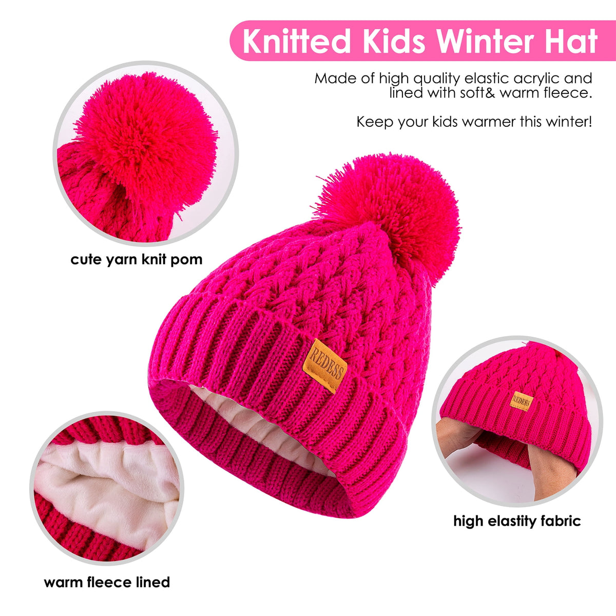 REDESS Kids Winter Beanie Hat, Knit Skull Cap for Girls Boys 3-9 Years Old