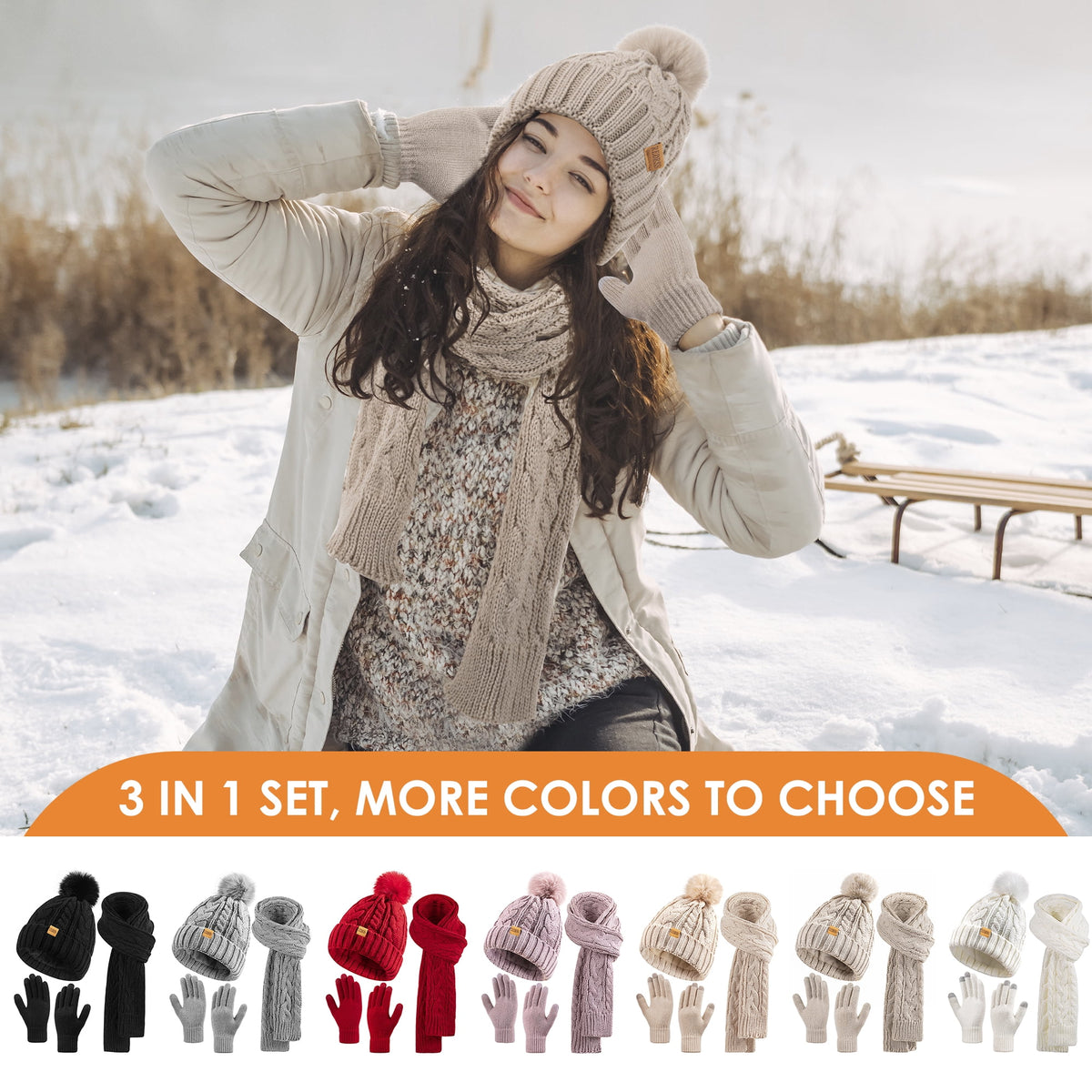 REDESS Winter Beanie Hat Scarf Gloves Set for Women,Fleece Lined Winter Scarfs Hats Gloves Sets,Oat