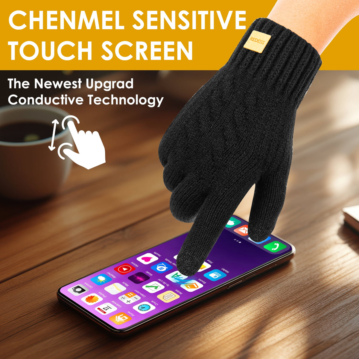 REDESS Winter Gloves for Women and Men with Touch Screen Thermal Knit Black Gloves.