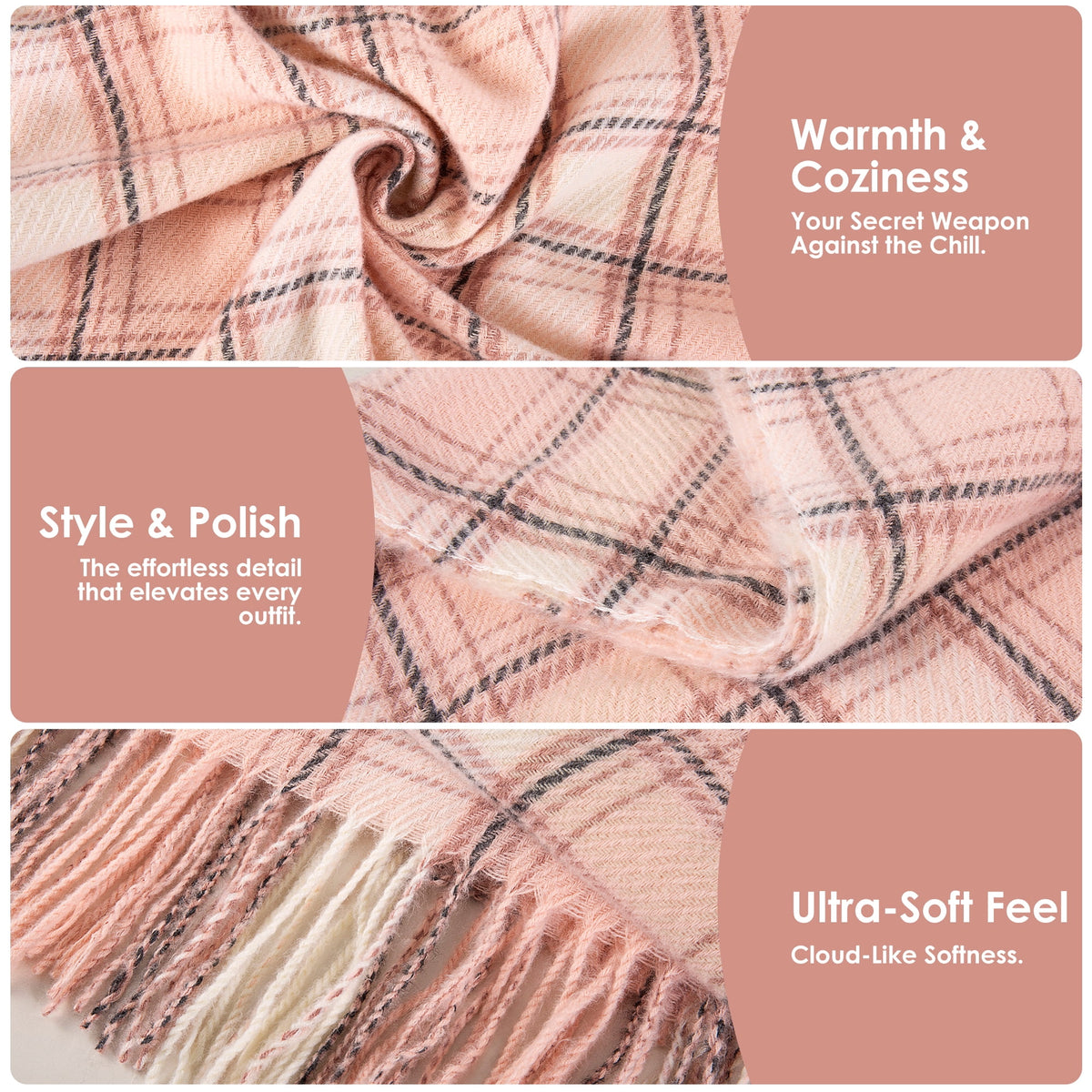 REDESS Winter Scarves for Men and Women Soft Plaid Pattern Cozy Warm Tassel Shawl Wrap, Plaid Gray