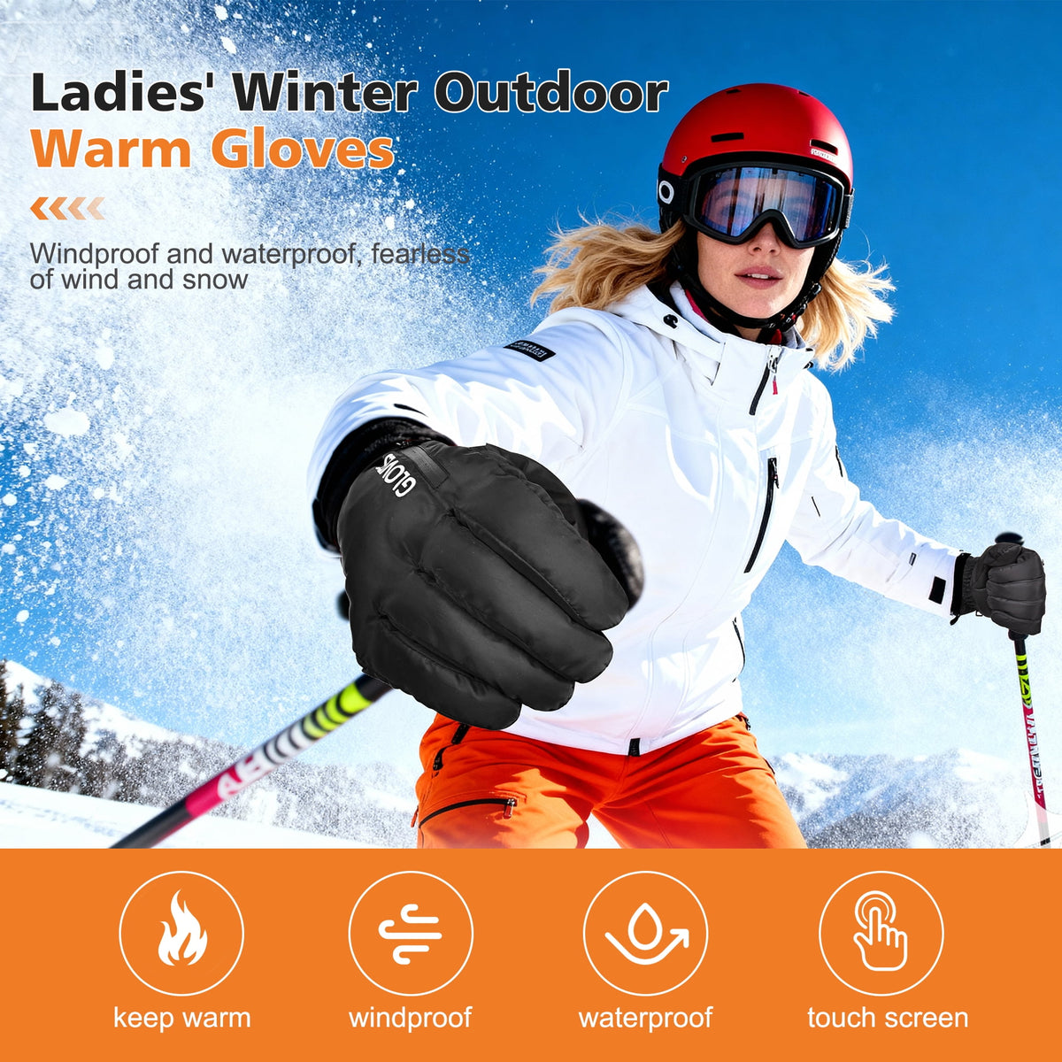 REDESS Women's Waterproof Touchscreen Winter Ski Snowboard Gloves, Black