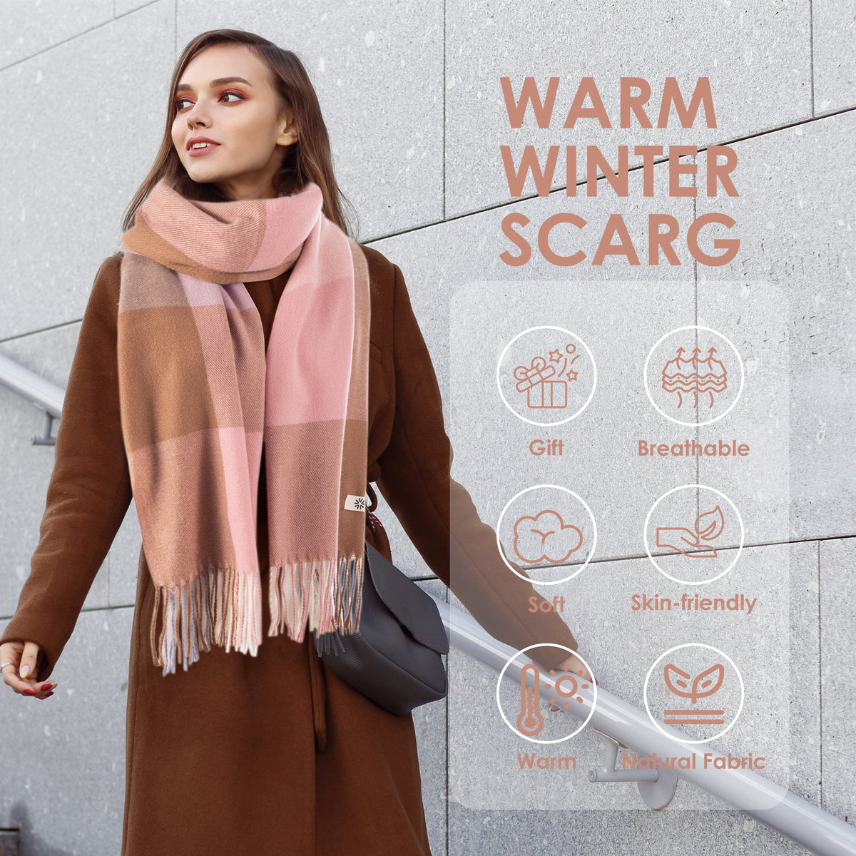 REDESS Scarves for Women Winter Soft Long Tassel Plaid Pattern Pashmina Scarves for Adult Unisex,Pink