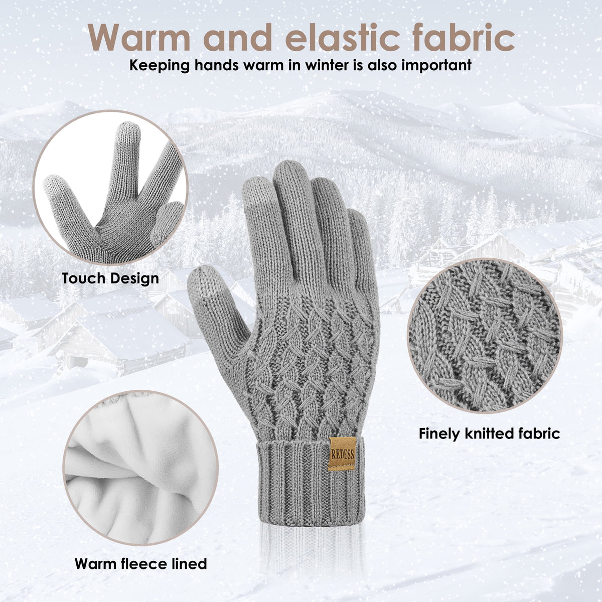 REDESS Winter Gloves for Women Touchscreen Texting Warm Knit Fleece Lined Gloves for Cold Weather Black