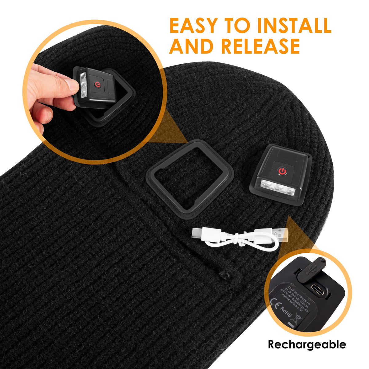 REDESS Balaclava Ski Mask with Light for Men and Women,USB Rechargeable LED Headlamp Winter Warm Balaclava,Black