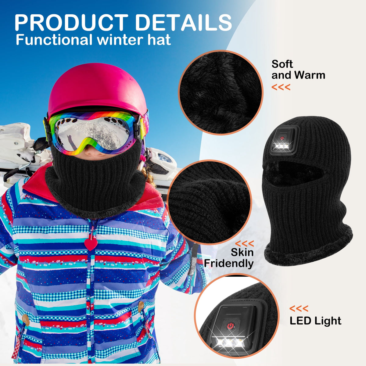 REDESS Balaclava with Light Face Mask for Kid,Unisex USB Rechargeable LED Headlamp Balaclava Black