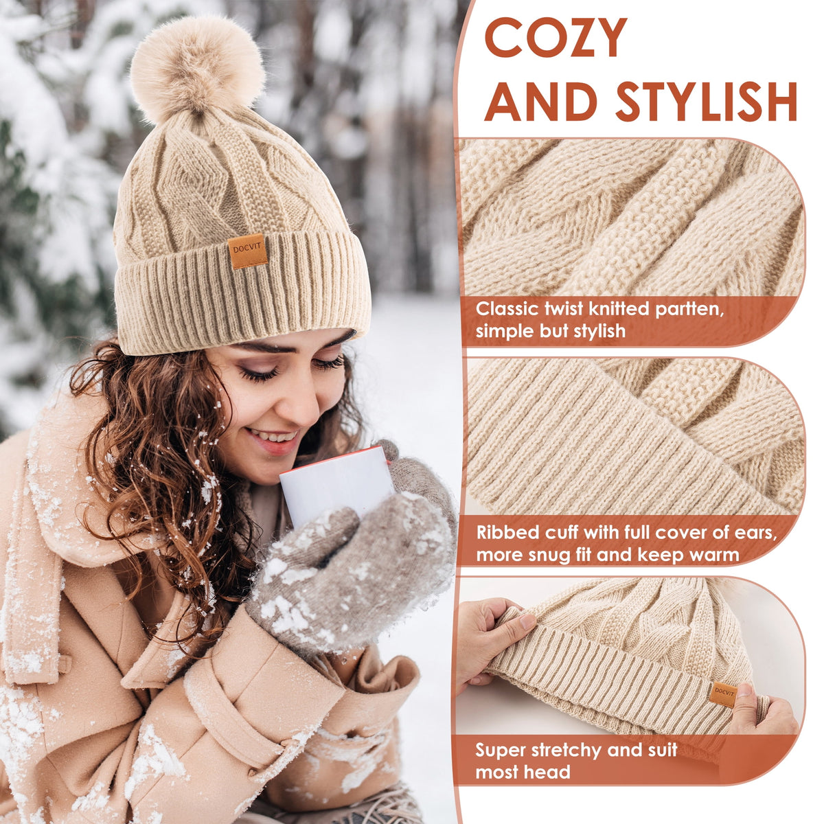 REDESS Beanie Hats for Women,Winter Warm Knitted Fleece Lined Hats Black