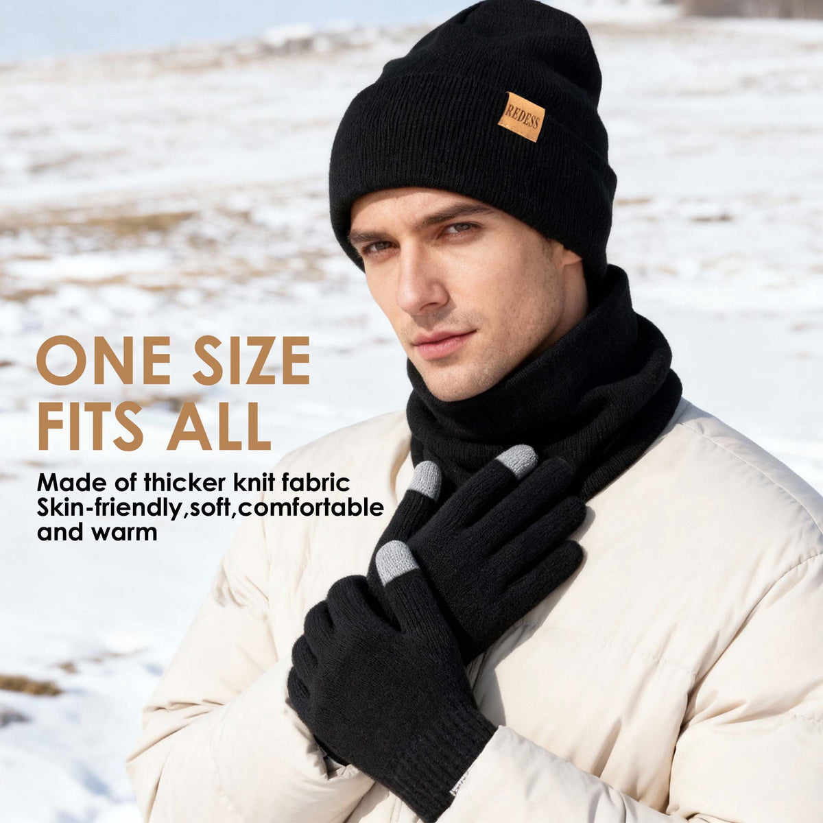 REDESS Winter Hat, Scarf & Glove Set for Men and Women,Black