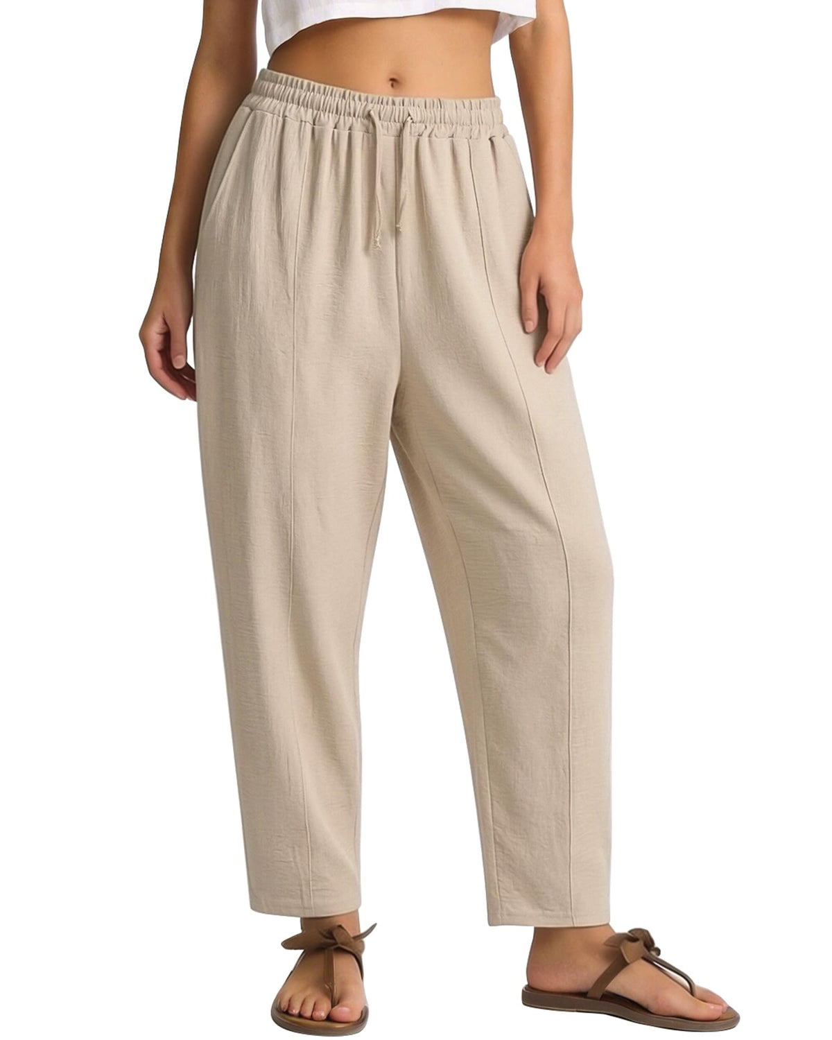 REDESS Pants for Women Wide Leg Khaki Linen Pants Summer Casual Flowy Pants with Pocket,XS-XL