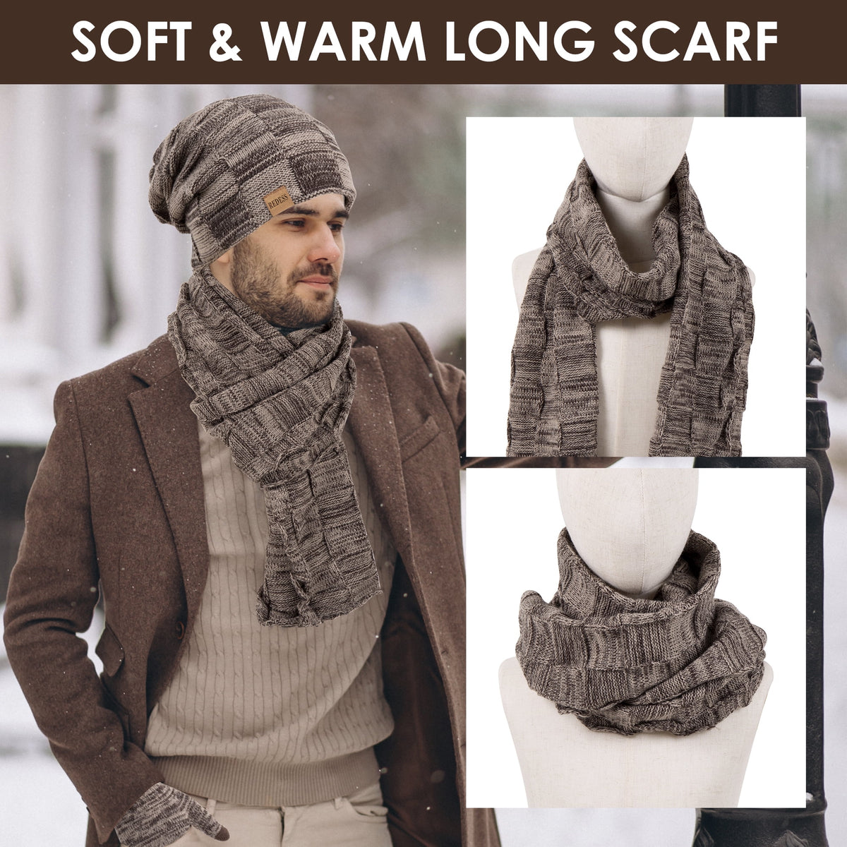 REDESS Men's Winter Beanie Hat Scarf & Glove Sets for Adult,Knit Slouchy Thick Skull Hats and Glove Set-Beige