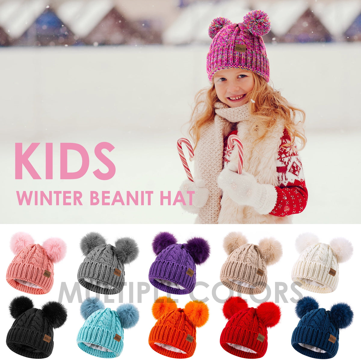REDESS Kids Winte Beanie Hat with Two Pom-Pom for Girls 3-9 Year Old,Black