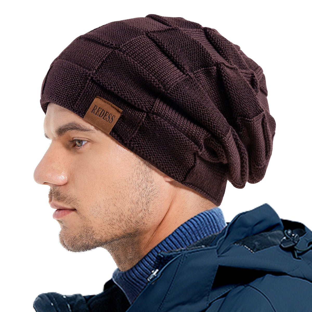 REDESS Beanie Hat for Men and Women Winter Warm Hats Knit Slouchy Thick Skull Cap with Face Cover-Black