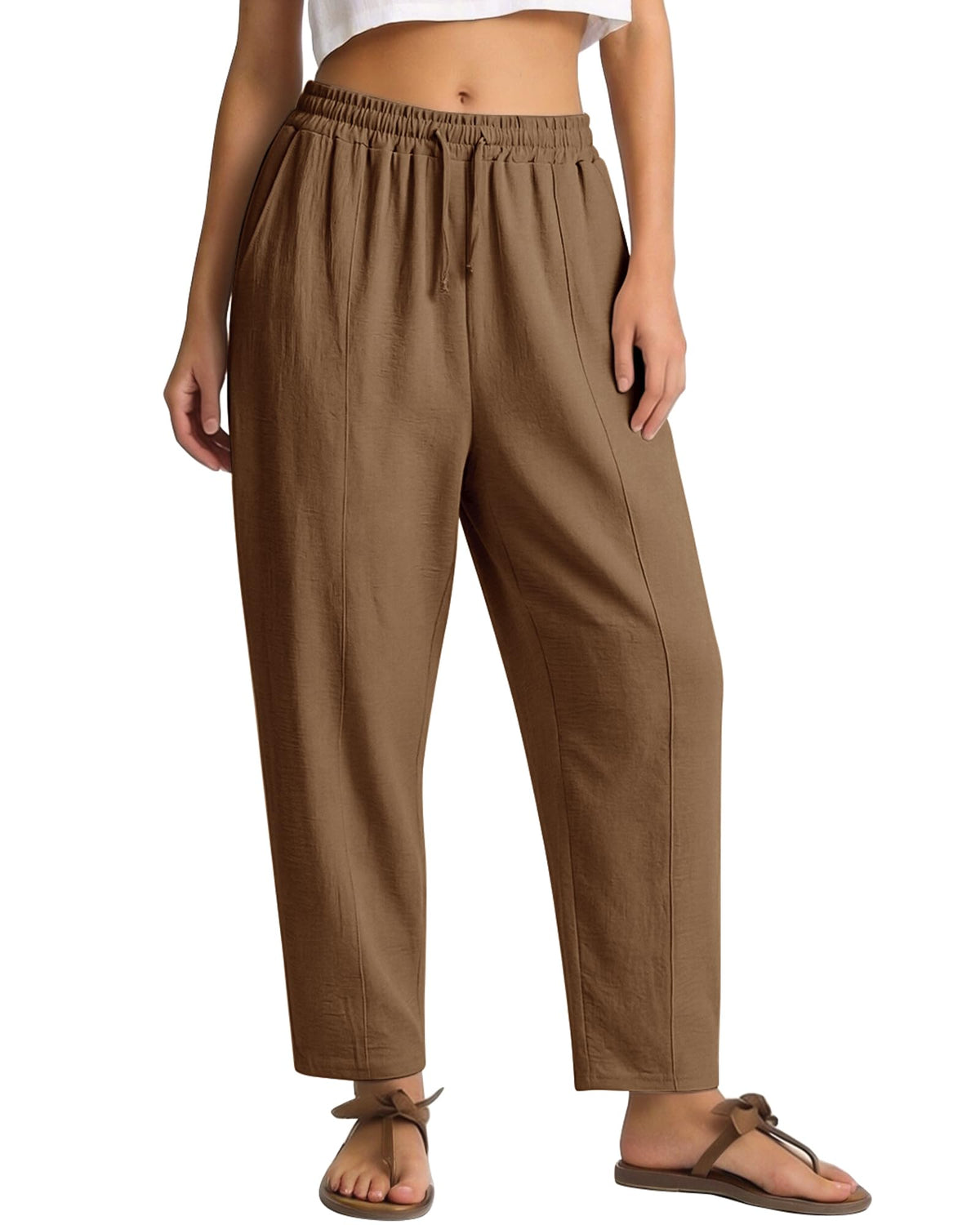 REDESS Pants for Women Wide Leg Khaki Linen Pants Summer Casual Flowy Pants with Pocket,XS-XL