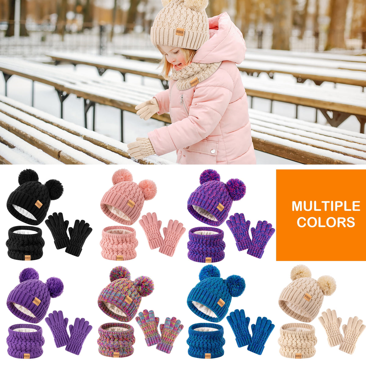 REDESS 3 Pcs Unisex Kids Winter Beanie Hat and Scarf & Glove Set for Boy and Girl 3-9 Years Old