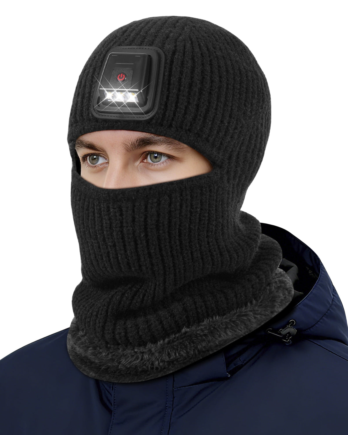 REDESS Balaclava Ski Mask with Light for Men and Women,USB Rechargeable LED Headlamp Winter Warm Balaclava,Black