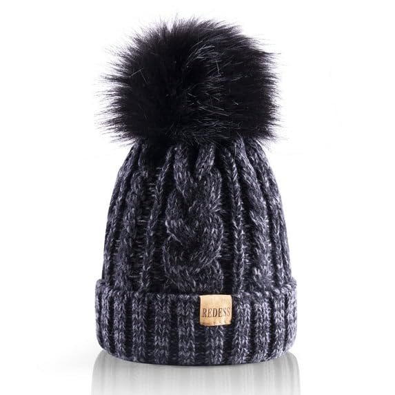 REDESS Women Winter Pompom Beanie Hat with Warm Fleece Lined, Thick Slouchy Knit Skull Ski Cap
