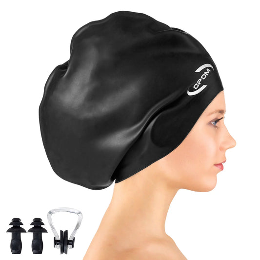 Opom Extra Large Swim Caps,Silicone Waterproof Swiming Hat Anti-Silp Bathing Cap for Woman Men-Black